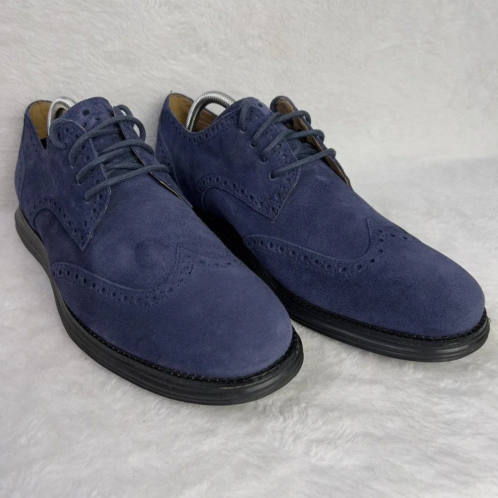 Cole Haan LunarGrand Wingtip Shoes Mens Size‎ 10.5 Blue Suede Oxford Dress